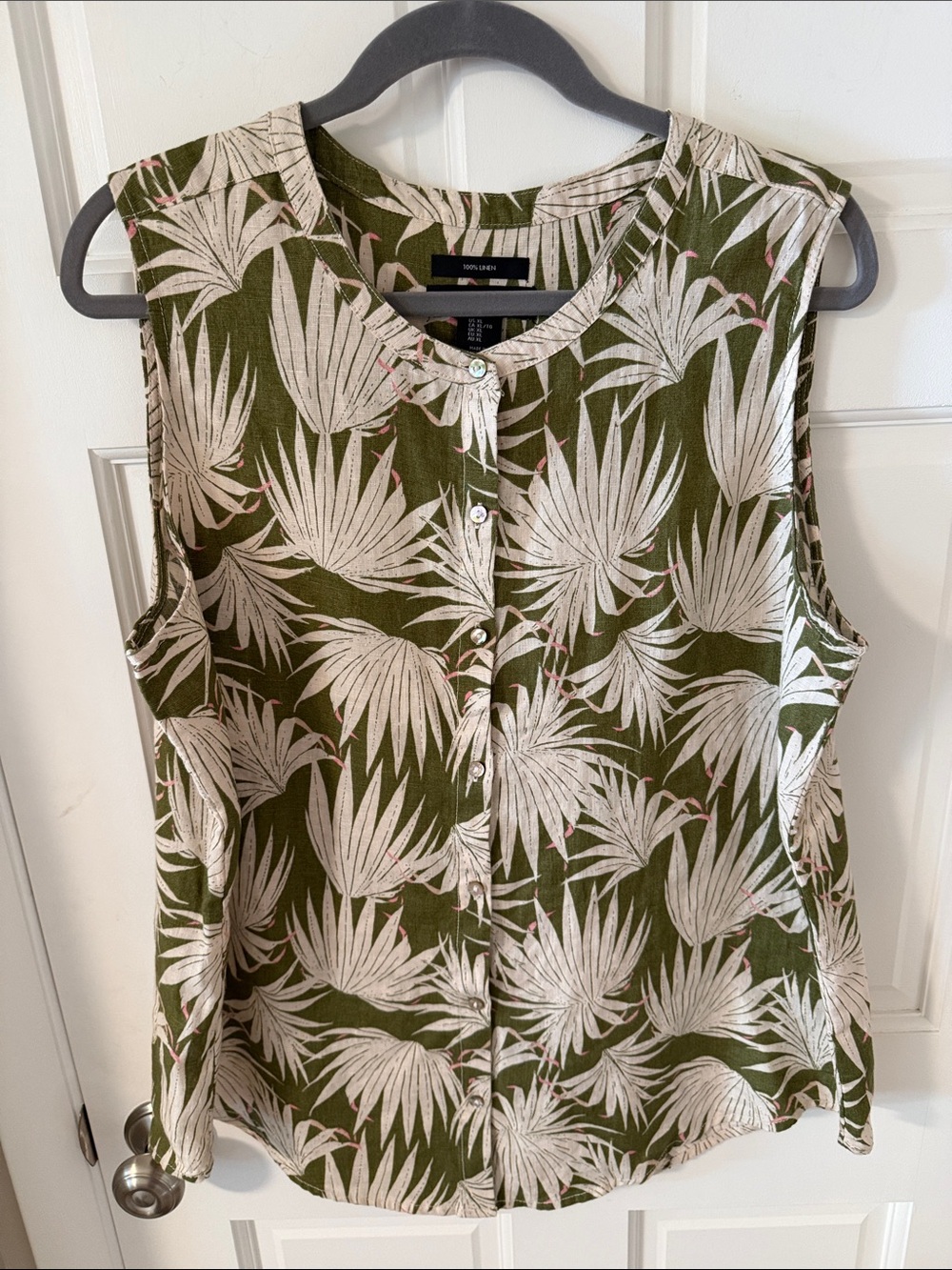 Tahari 100% Linen Tropical Palm Print Sleeveless Button Down Blouse Size XL